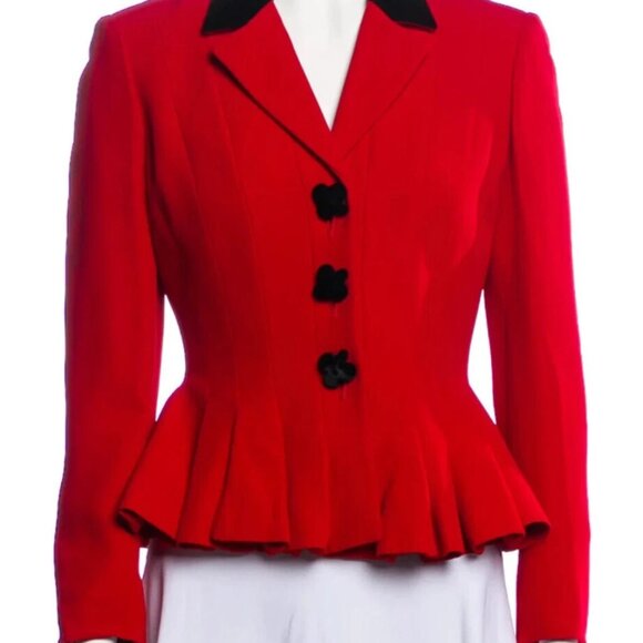 Moschino Red Peplum Black Velvet Trim Ace Spade Jacket 8 ALICE WONDERLAND BLAZER - Picture 5 of 15